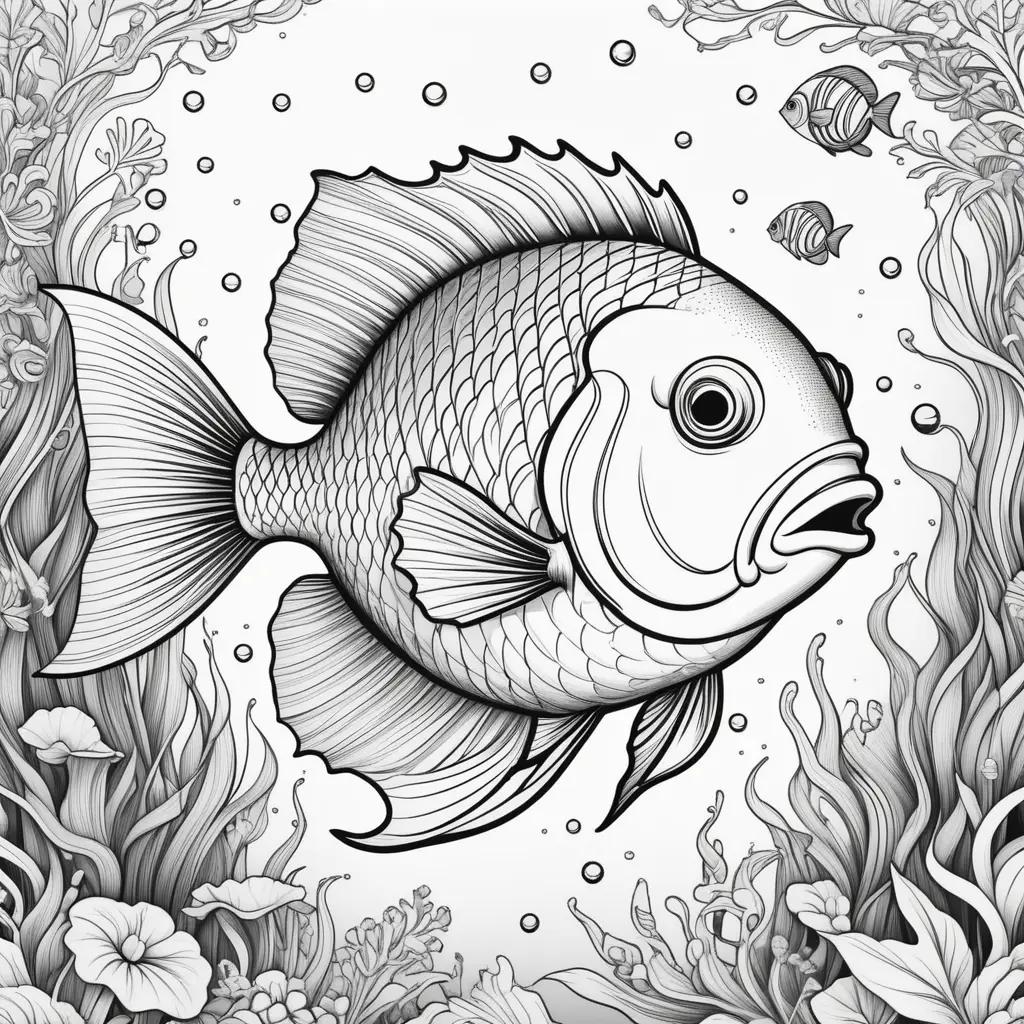 black and white coloring page featuring a fish with bubbles