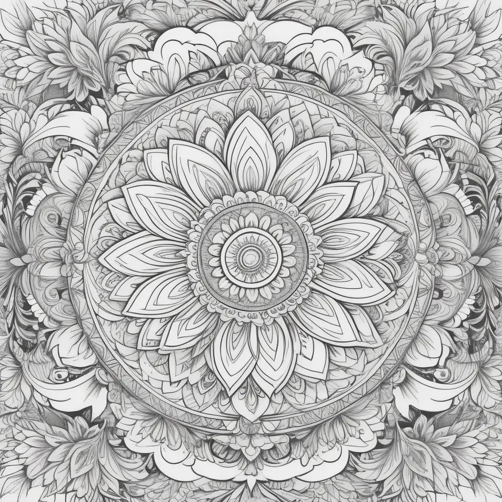 black and white coloring page featuring a flower design