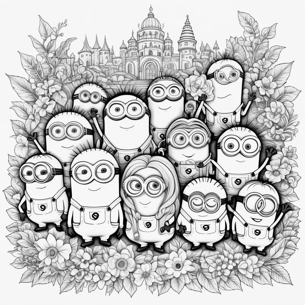 black and white coloring page featuring a group of minions