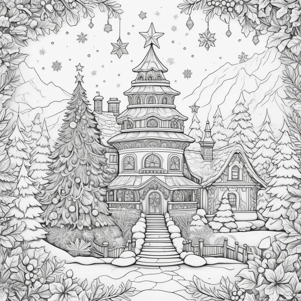 black and white coloring page featuring a house with a tree in front of it