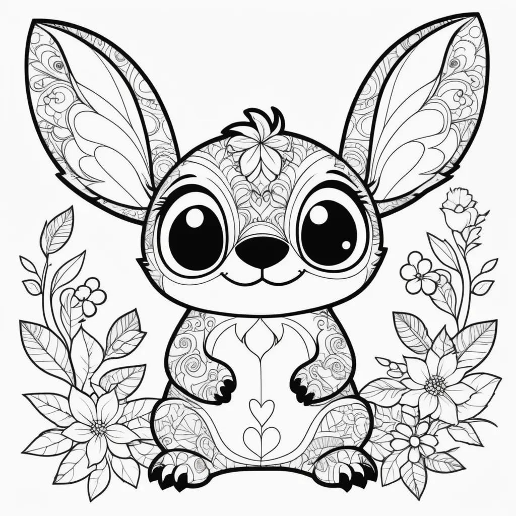 black and white coloring page featuring a stich rabbit