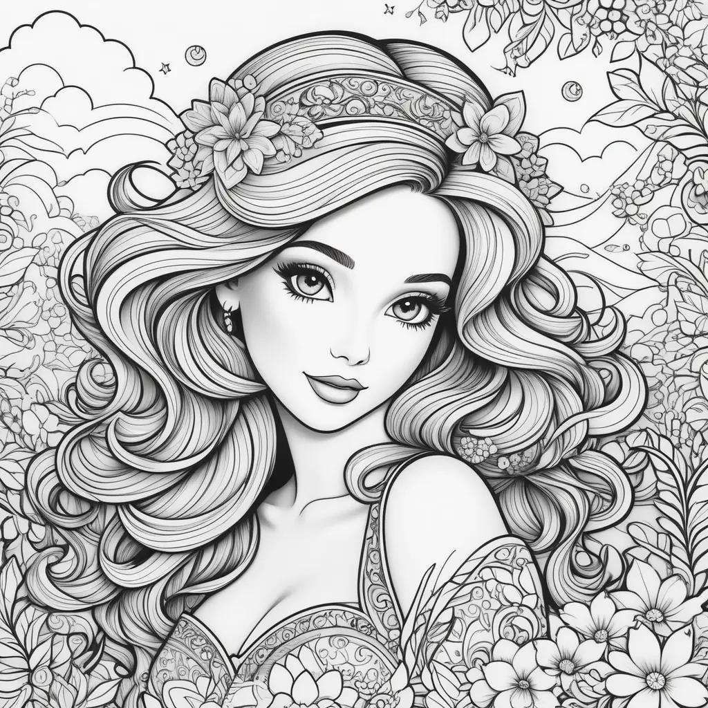 black and white coloring page featuring a woman with a flower crown