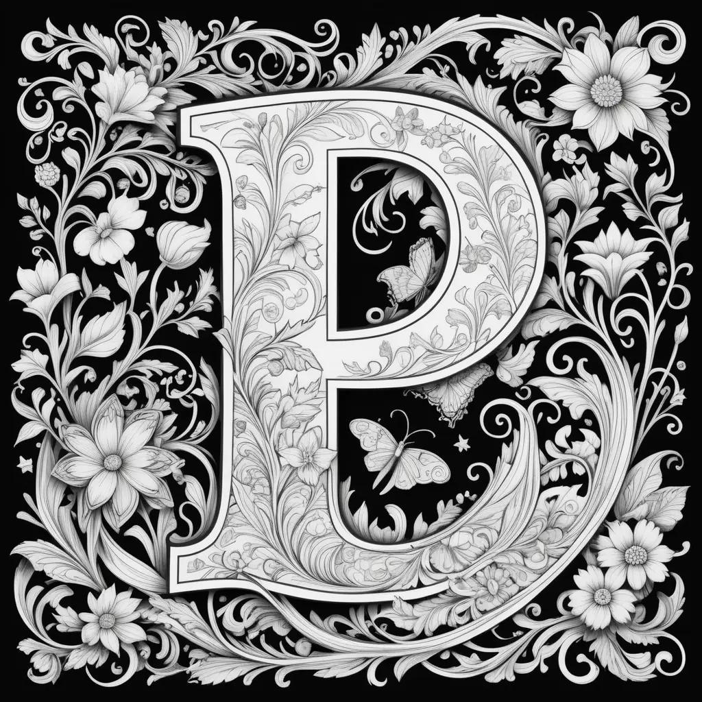 black and white coloring page featuring an uppercase letter P with flowers and butterflies