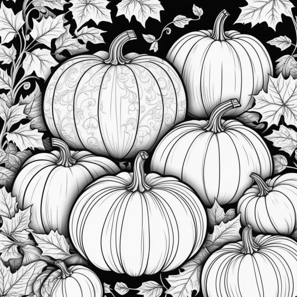 black and white coloring page featuring pumpkins and leaves