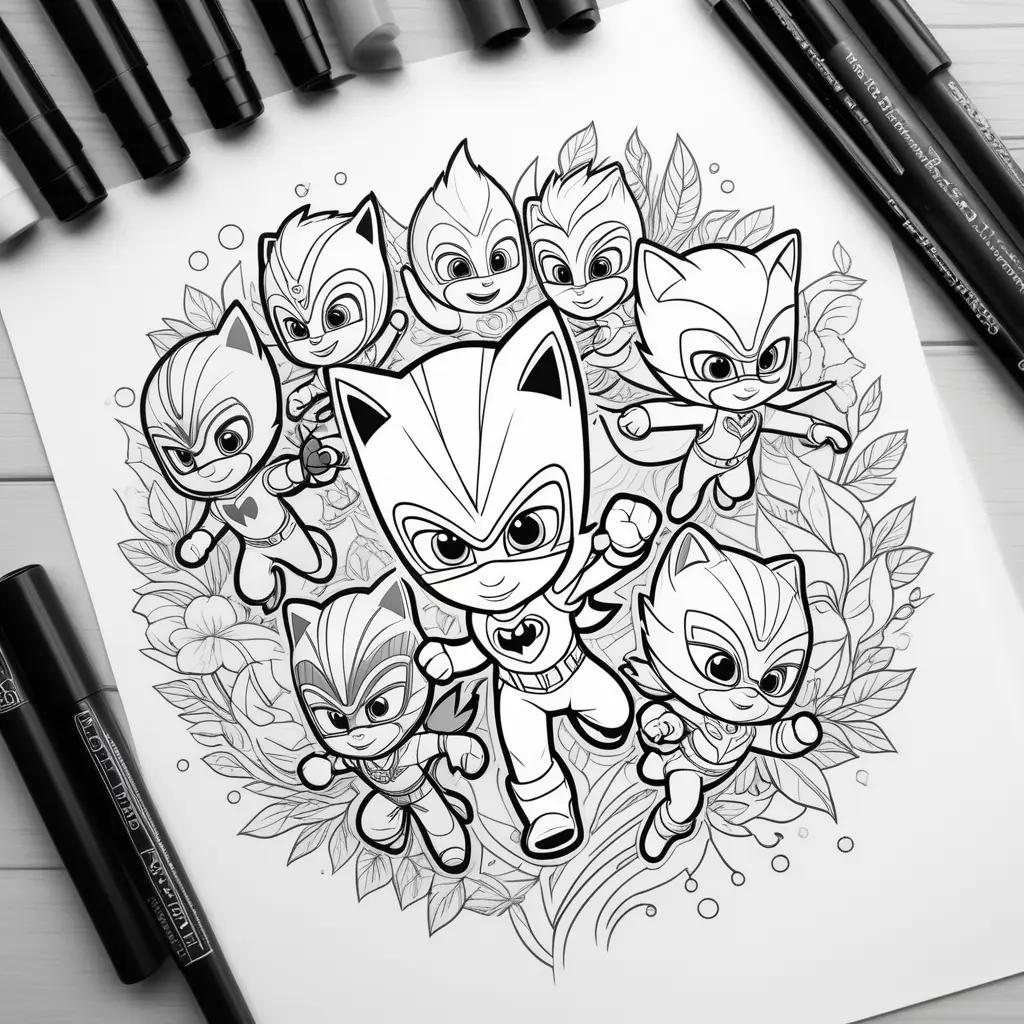 black and white coloring page featuring the PJ Masks characters