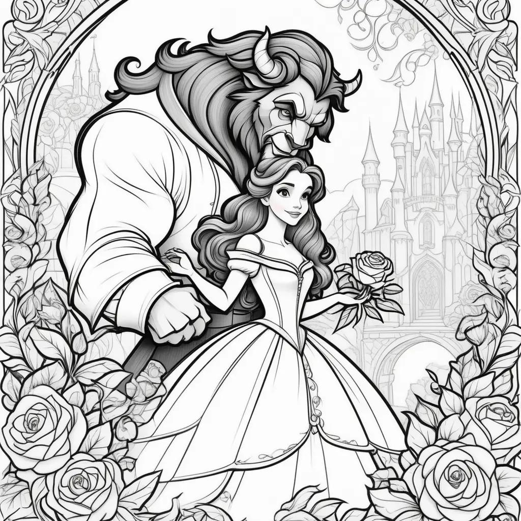 black and white coloring page of Beauty and the Beast