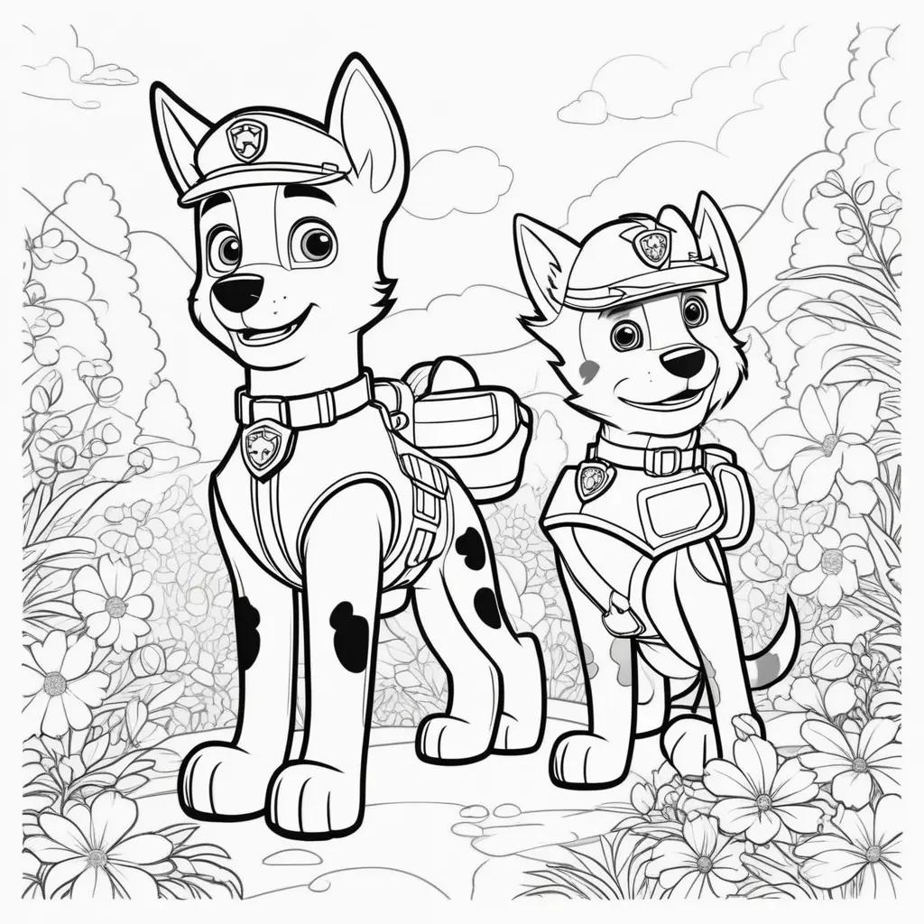 black and white coloring page of Chase and Rufus from Paw Patrol