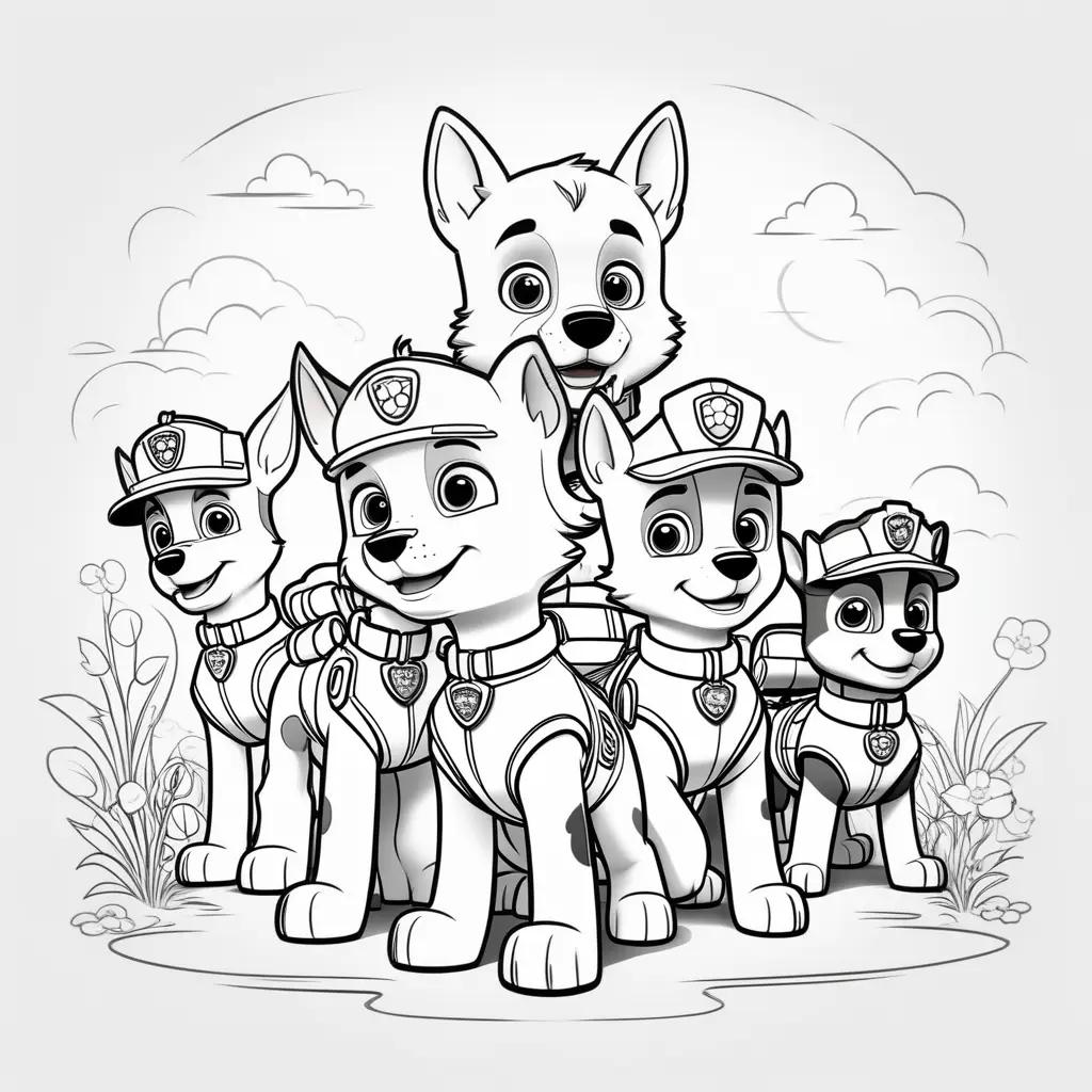 black and white coloring page of Chase and the other Paw Patrol dogs