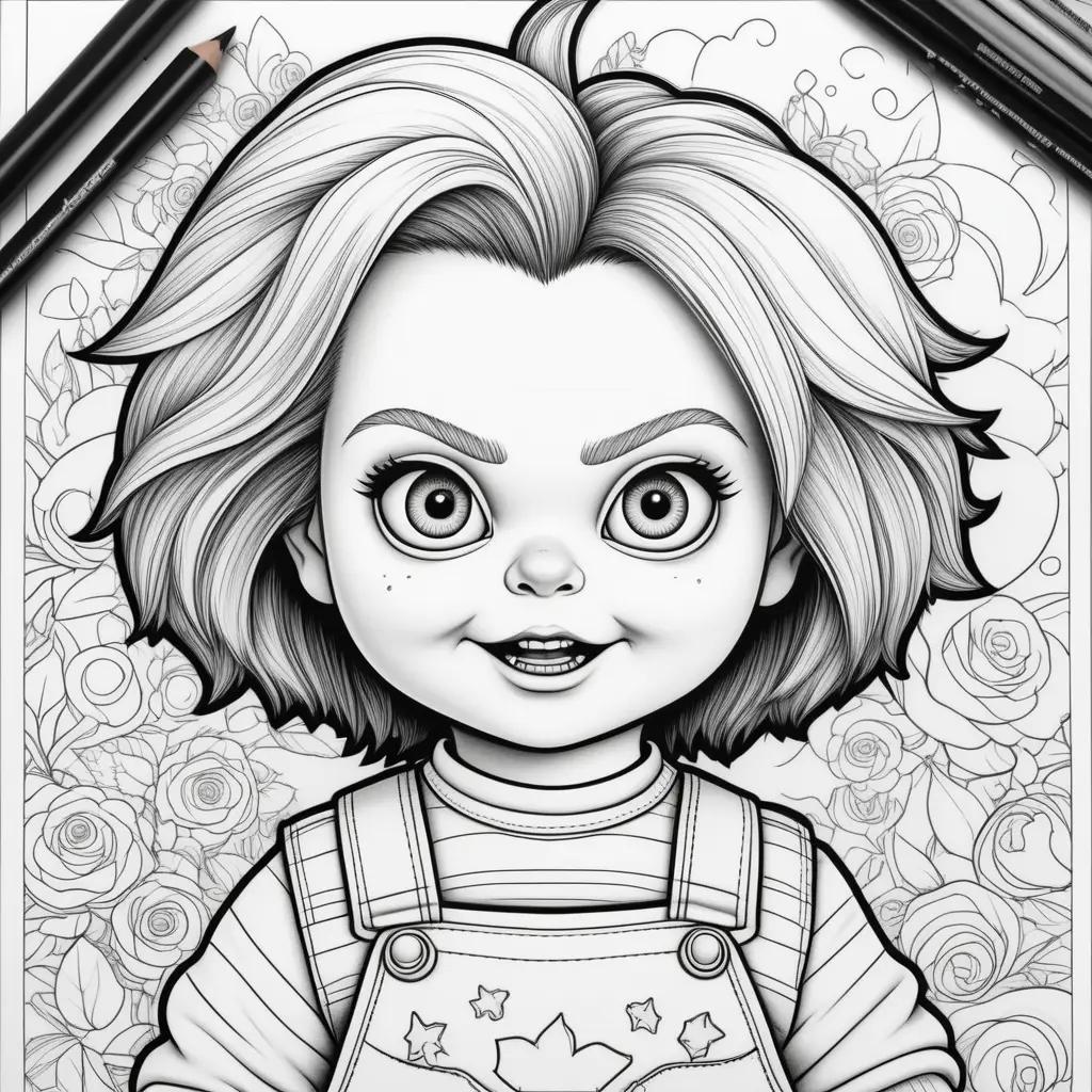 black and white coloring page of Chucky doll with roses