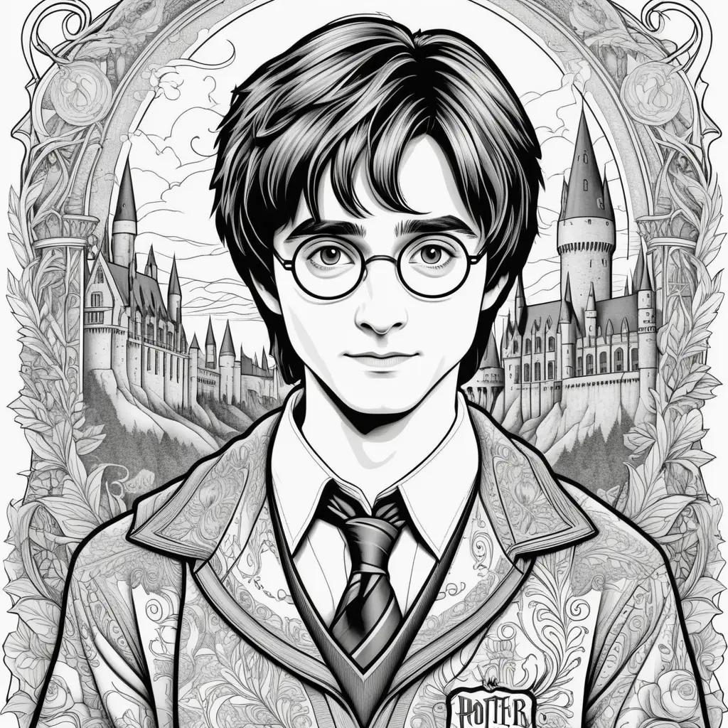 black and white coloring page of Harry Potter