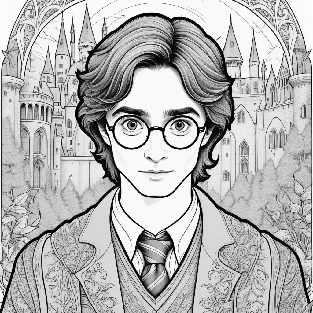 black and white coloring page of Harry Potter