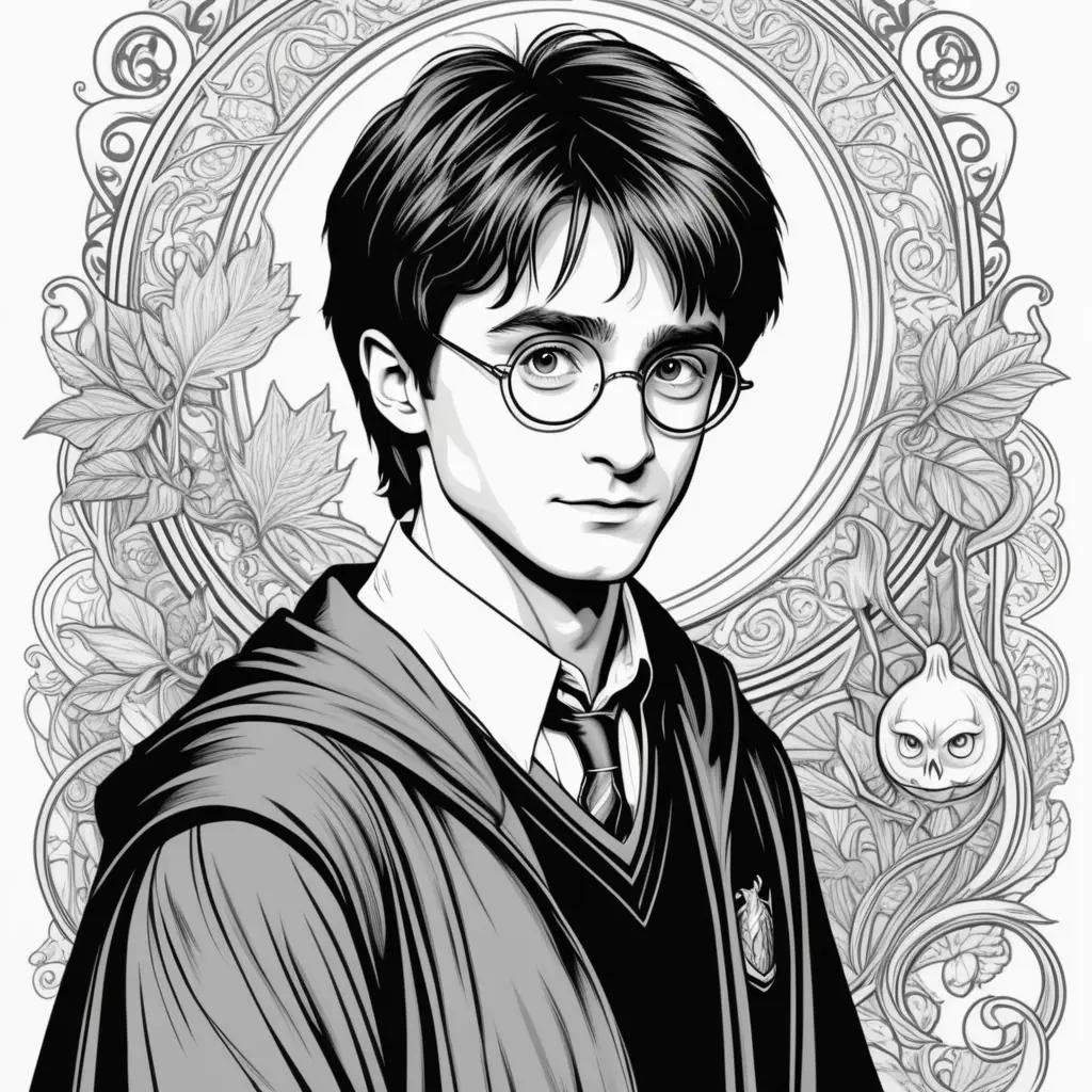 black and white coloring page of Harry Potter