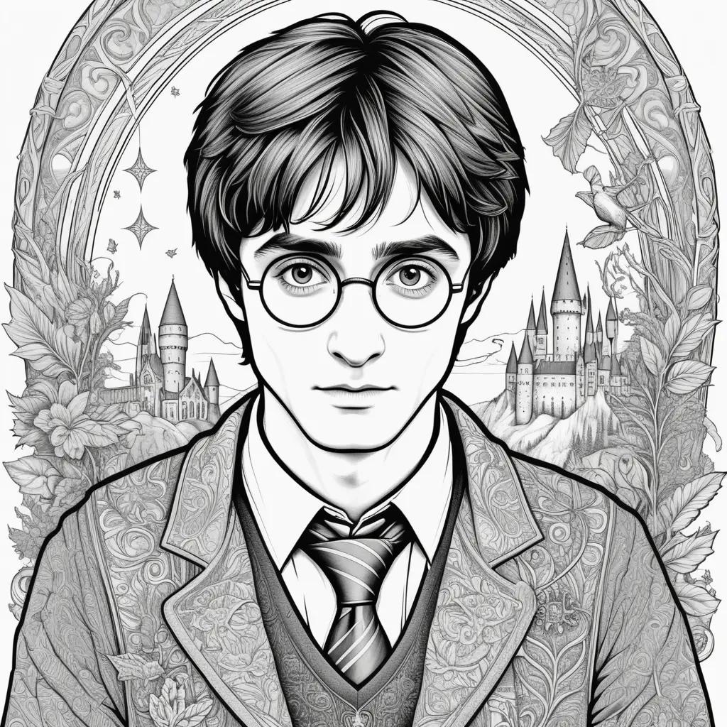 black and white coloring page of Harry Potter