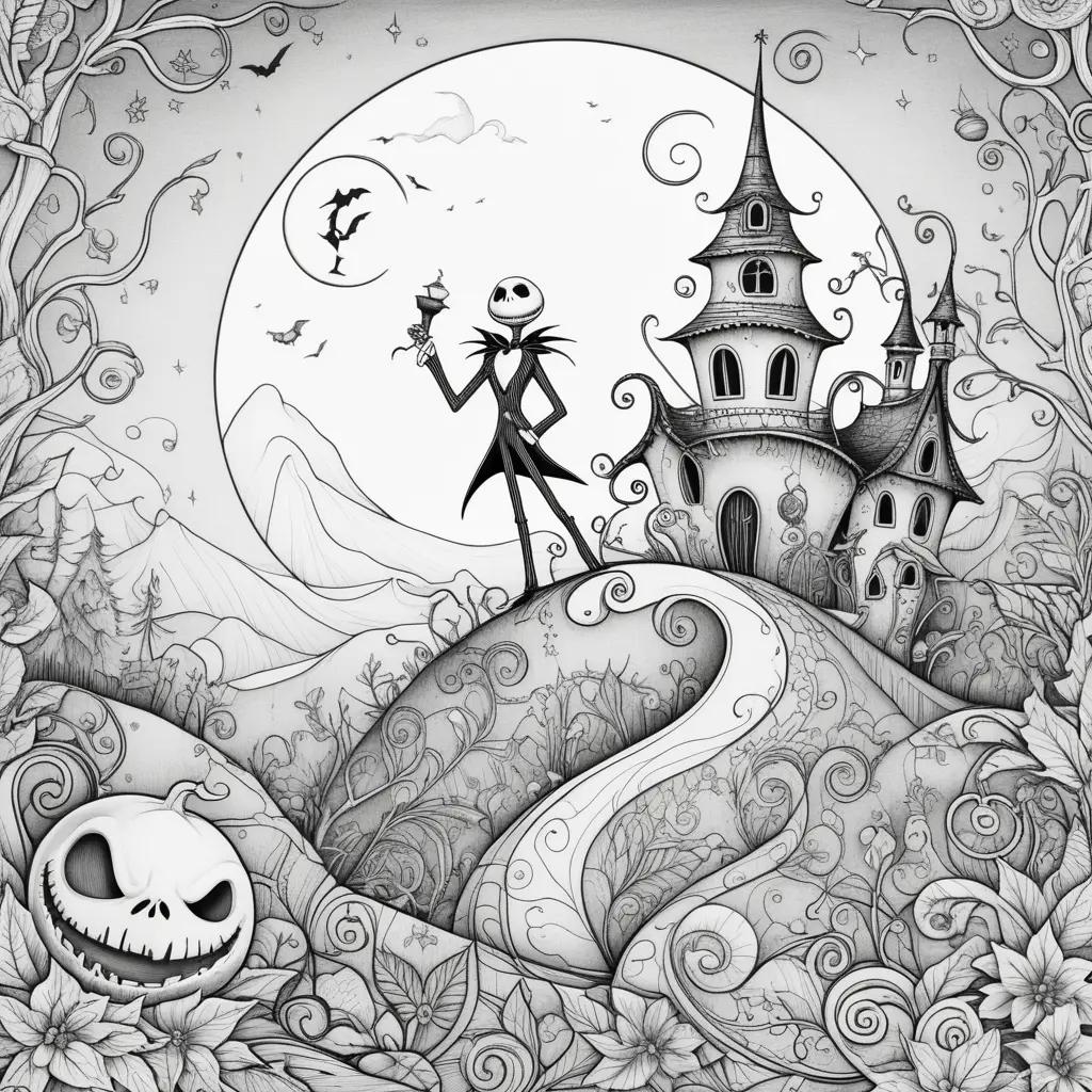 black and white coloring page of Jack Skellington in a castle