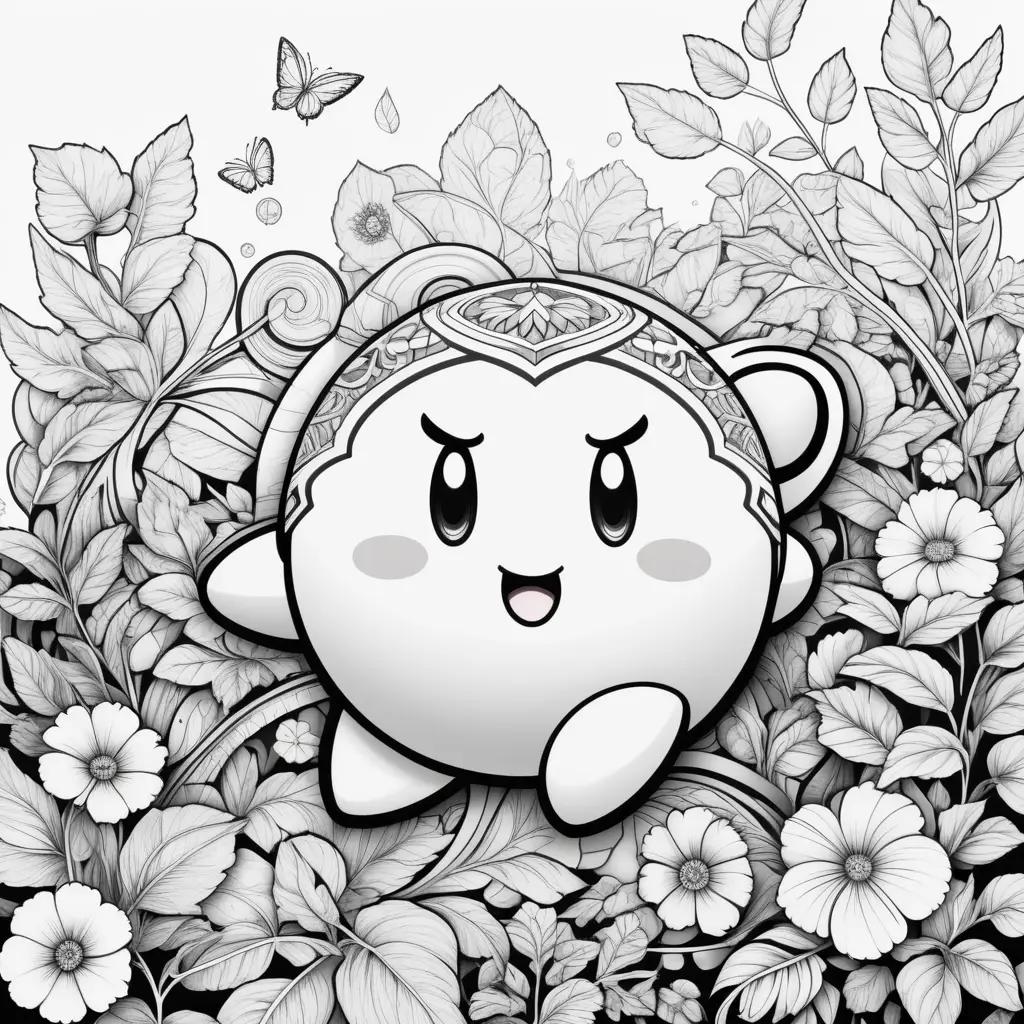 black and white coloring page of Kirby surrounded by flowers