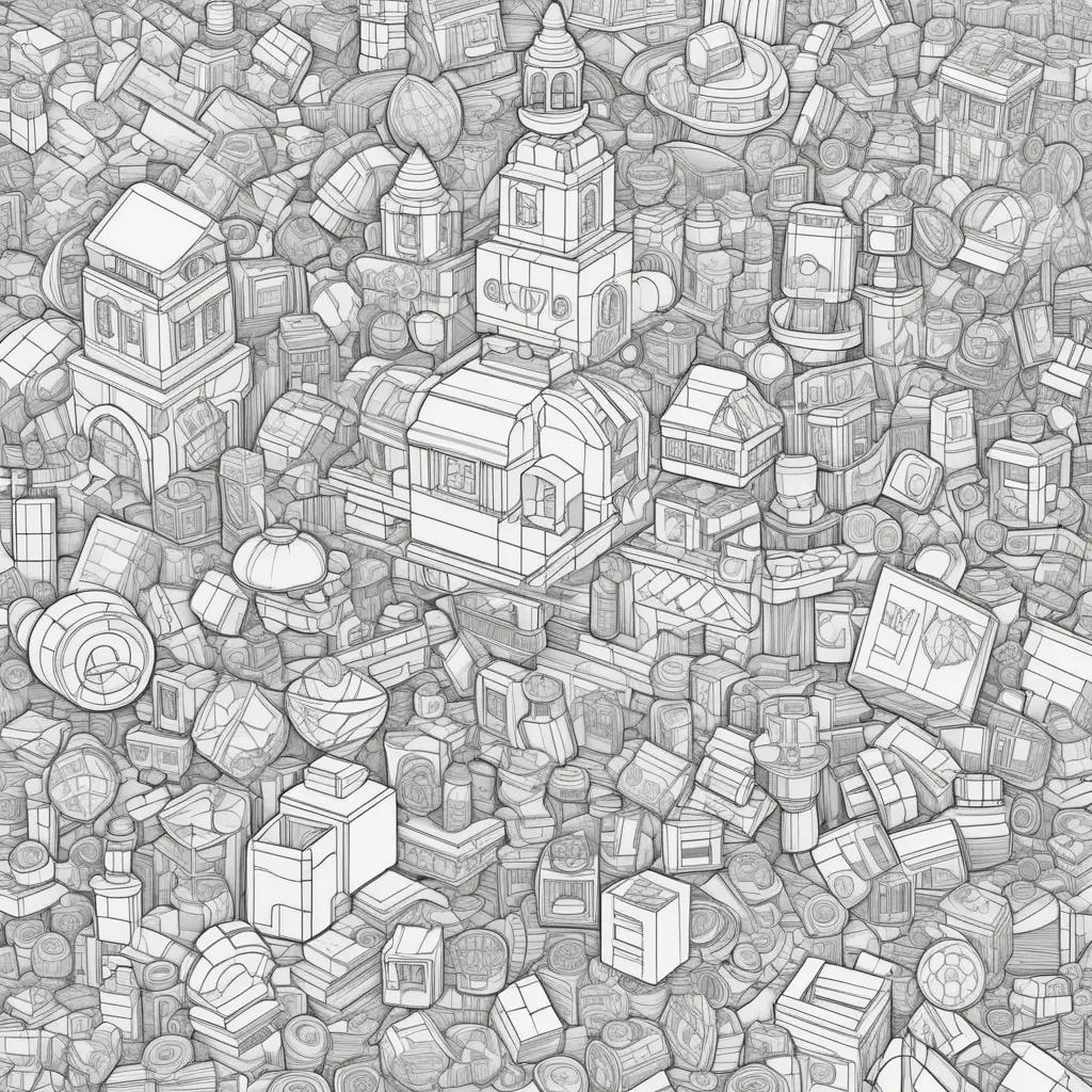 black and white coloring page of Lego buildings