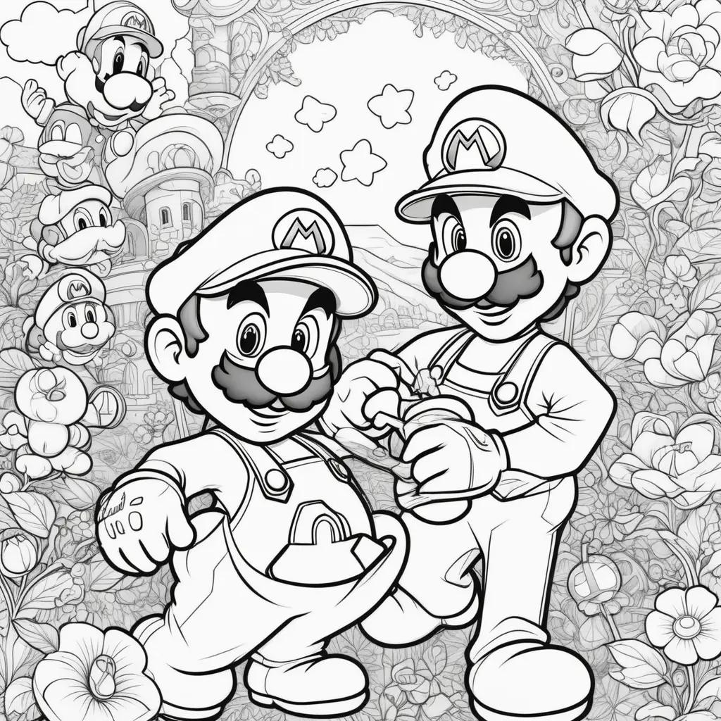 black and white coloring page of Mario and Luigi