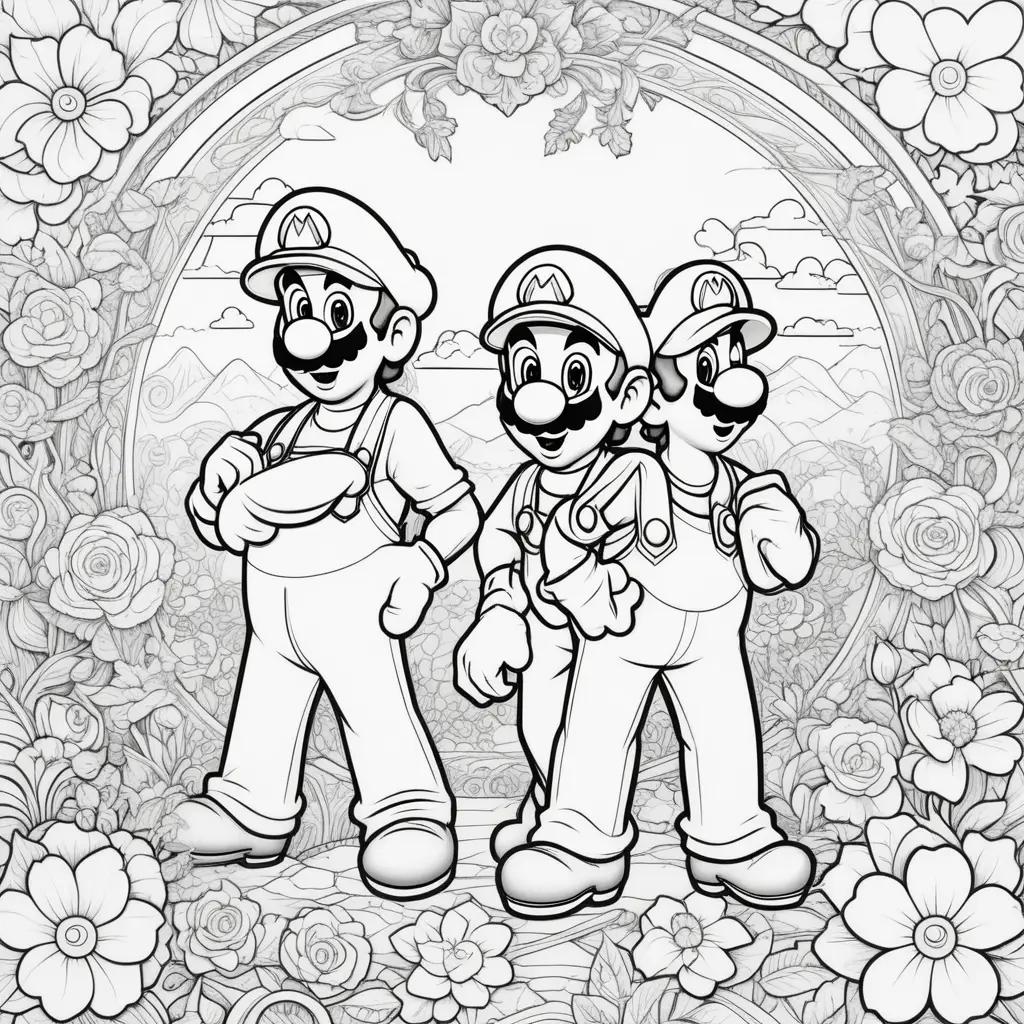 black and white coloring page of Mario and Luigi