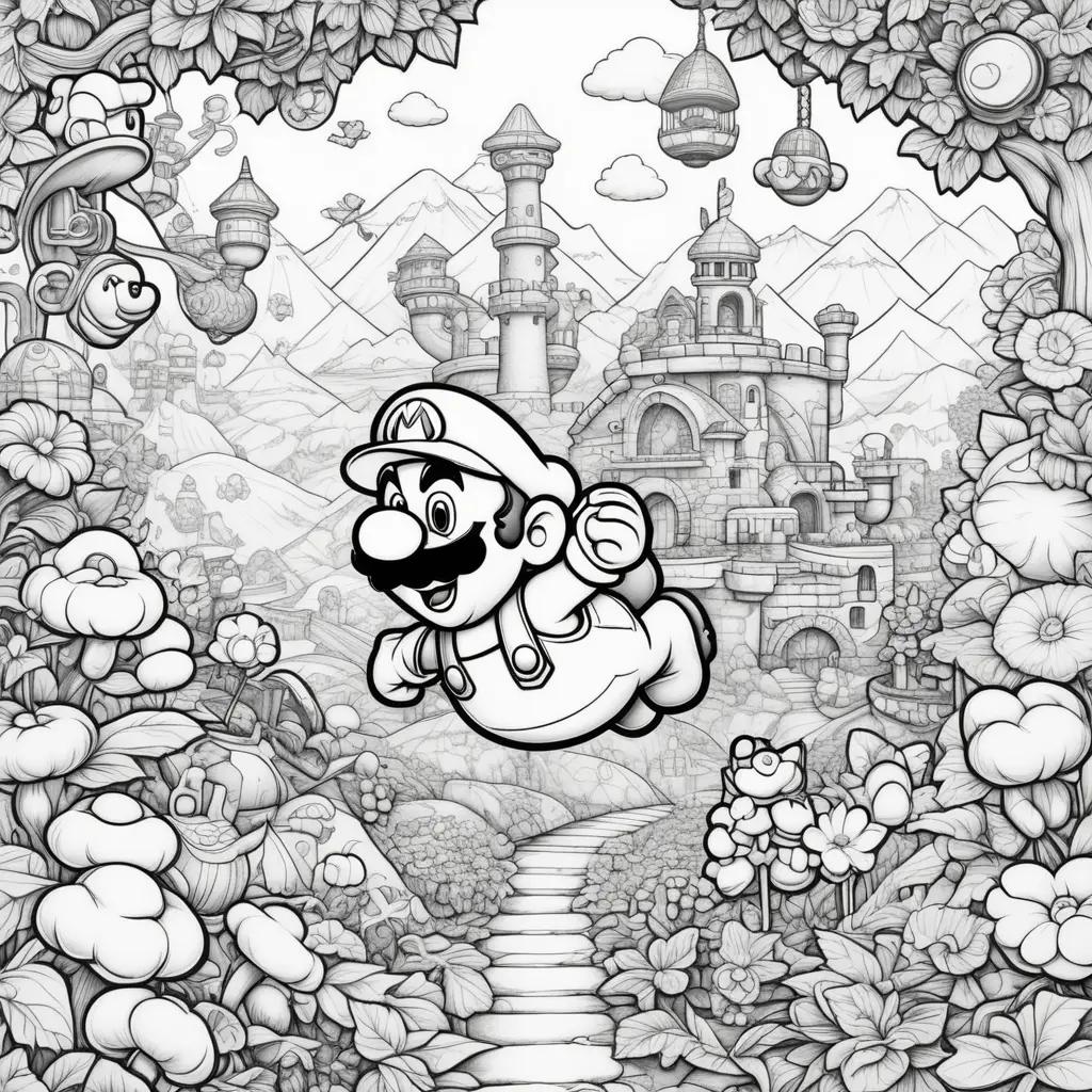 black and white coloring page of Mario flying through a castle