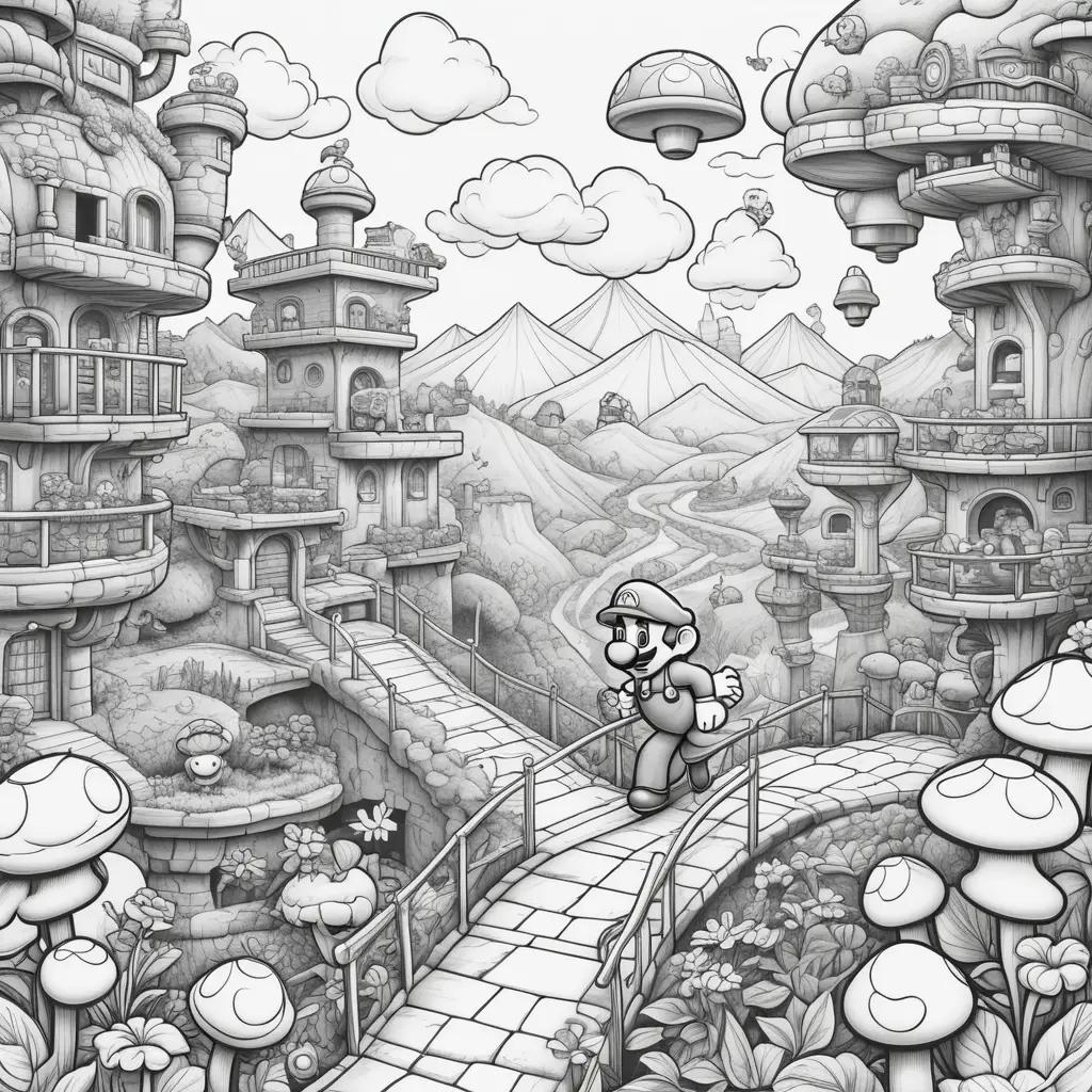 black and white coloring page of Mario in a Mushroom Kingdom