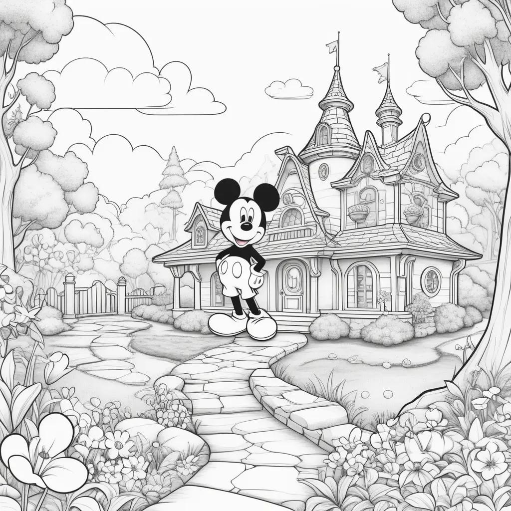 black and white coloring page of Mickey Mouse and Clubhouse