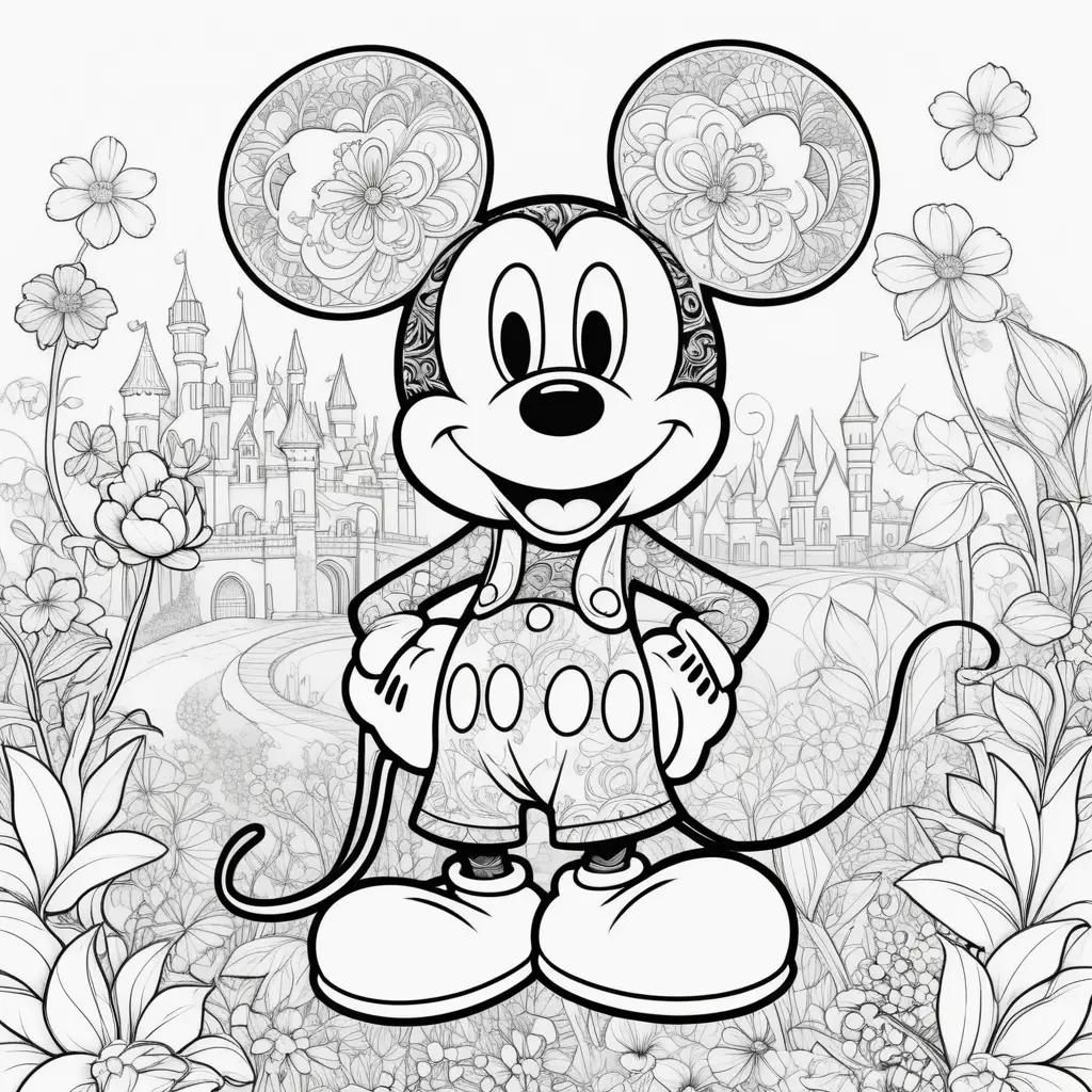 black and white coloring page of Mickey Mouse in a flower garden