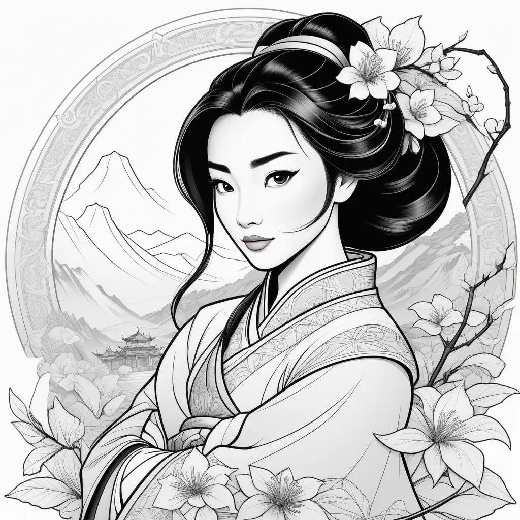 black and white coloring page of Mulan