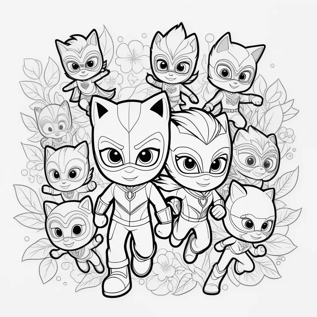 black and white coloring page of PJ masks characters