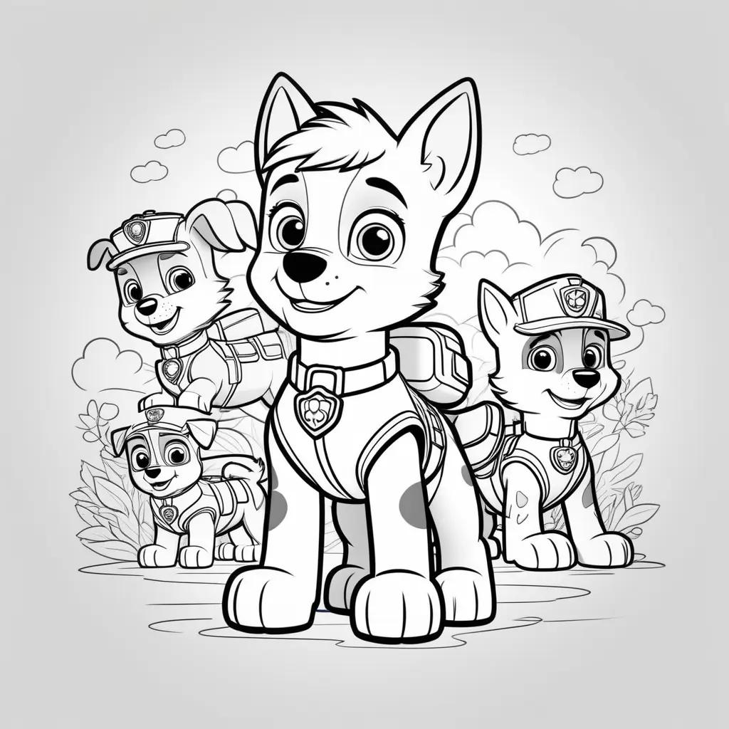 black and white coloring page of Paw Patrol characters Chase and his friends