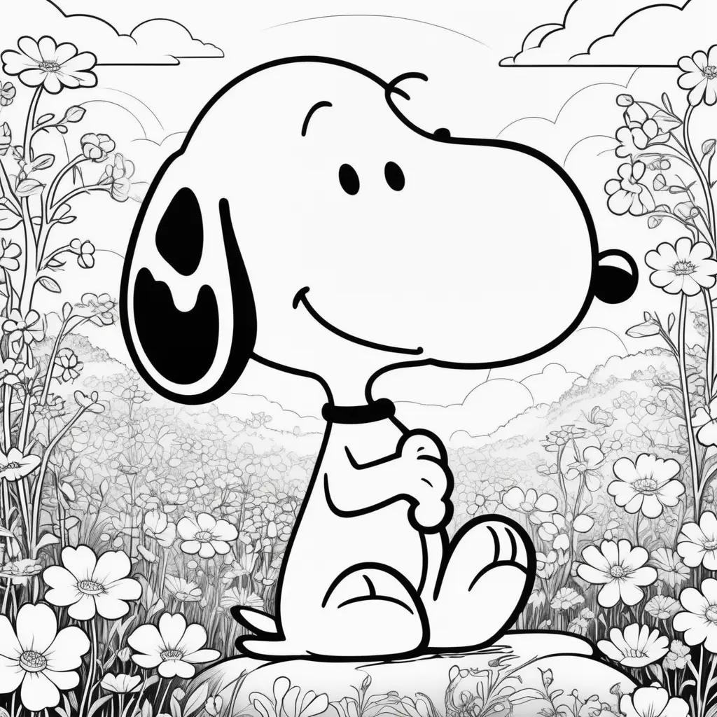 black and white coloring page of Snoopy in a field of flowers