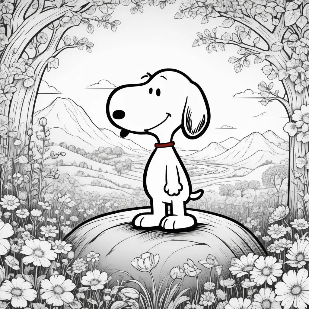 black and white coloring page of Snoopy in a flower field