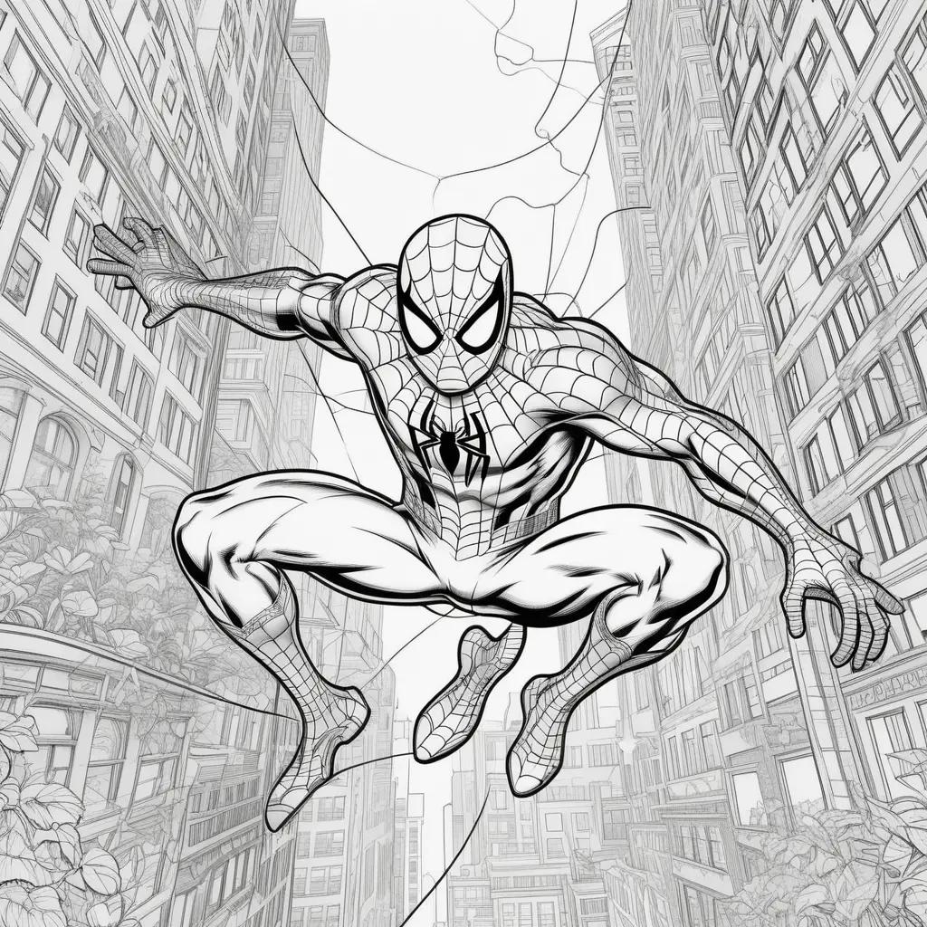 black and white coloring page of Spiderman in the city