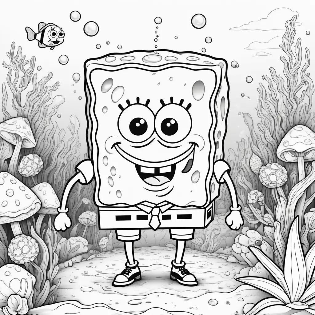 black and white coloring page of SpongeBob SquarePants