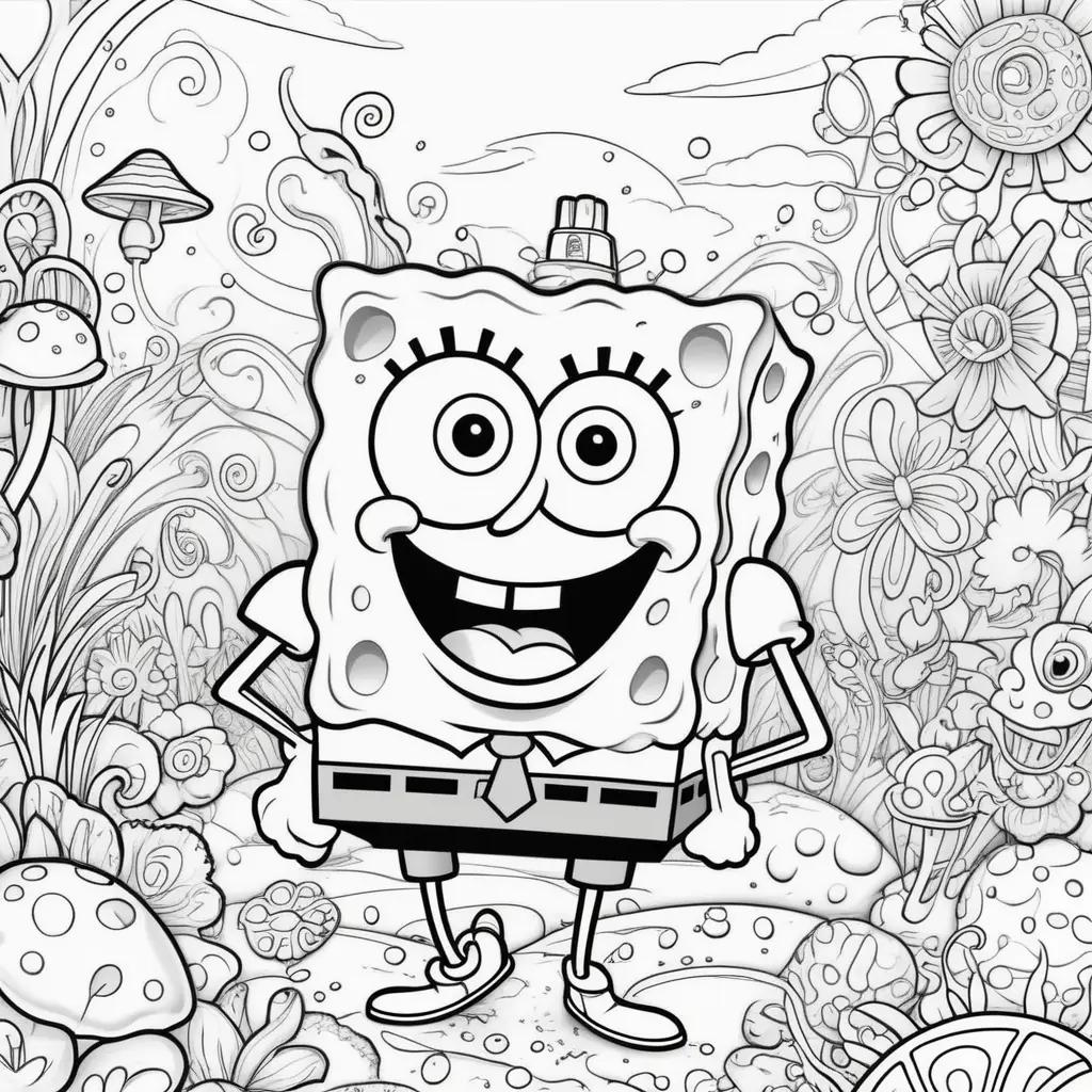 black and white coloring page of SpongeBob