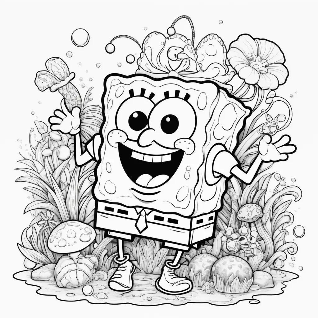 black and white coloring page of Spongebob in a flower garden