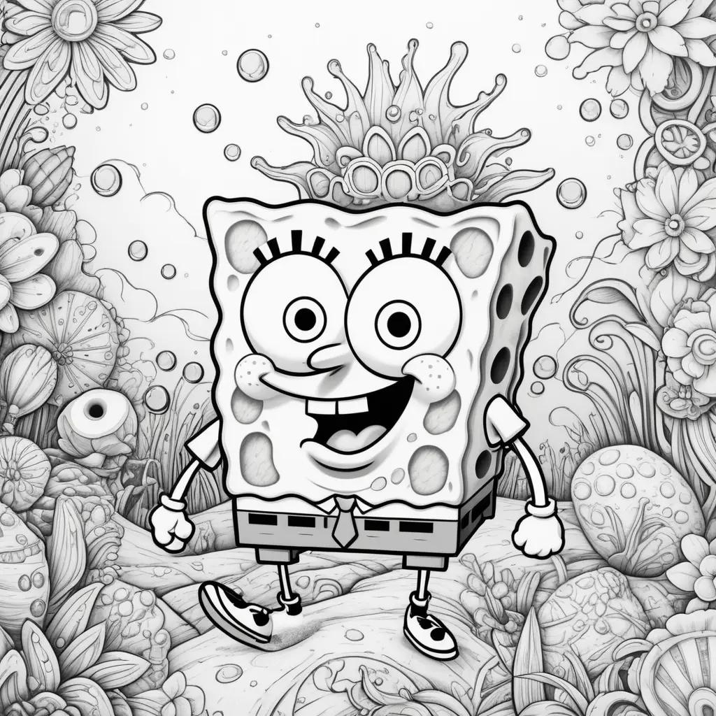 black and white coloring page of Spongebob with a crown on his head