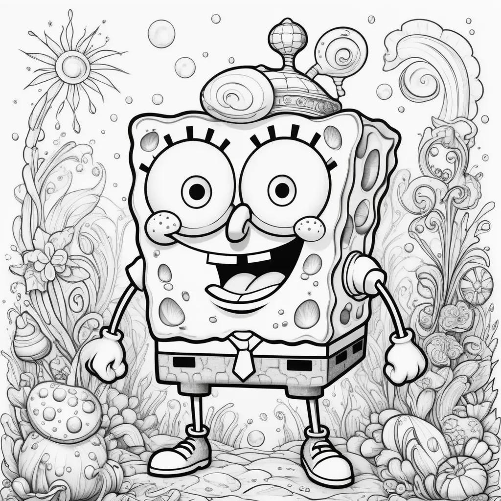 black and white coloring page of Spongebob with a hat