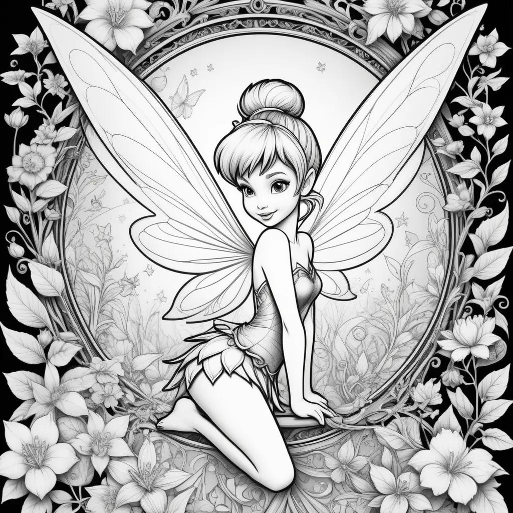 black and white coloring page of Tinkerbell with flowers