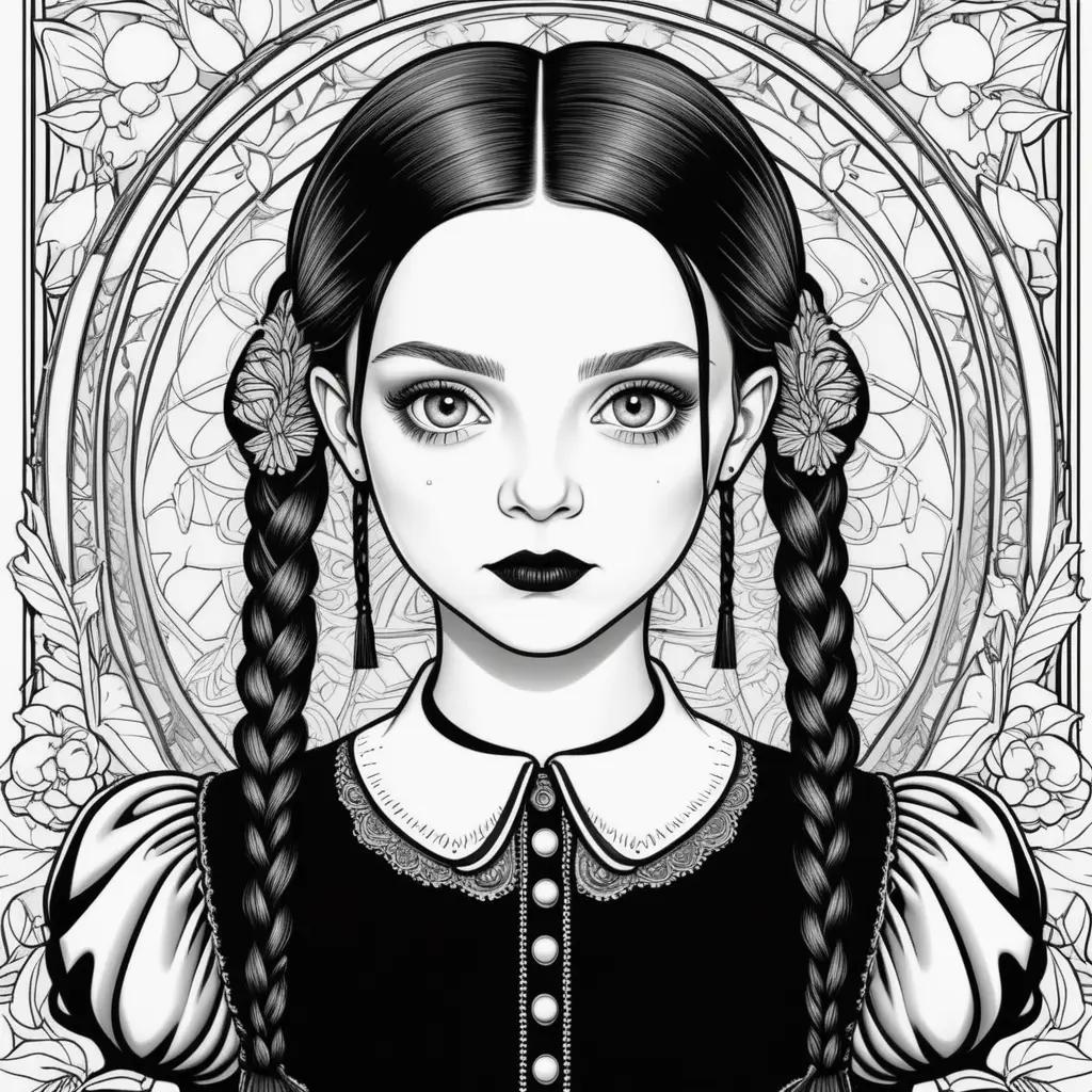 black and white coloring page of Wednesday Addams