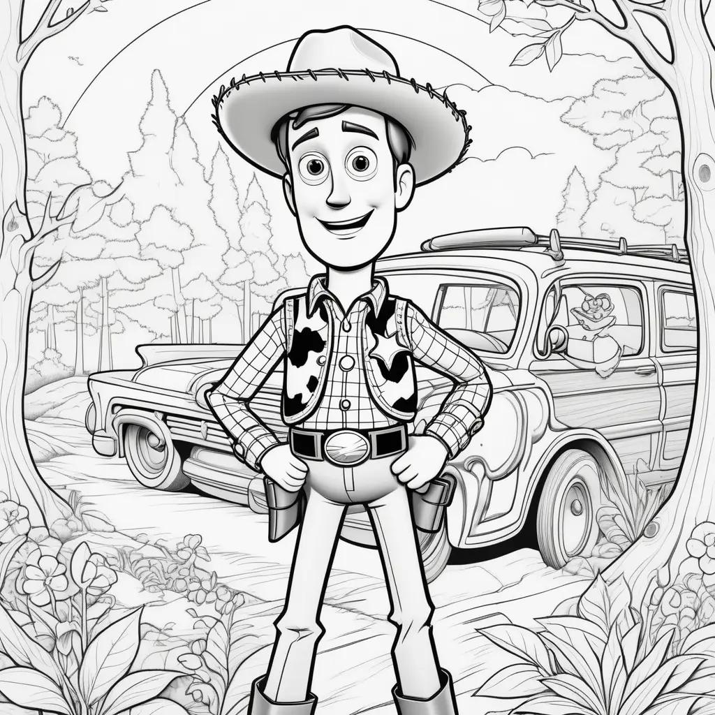 black and white coloring page of Woody from Toy Story