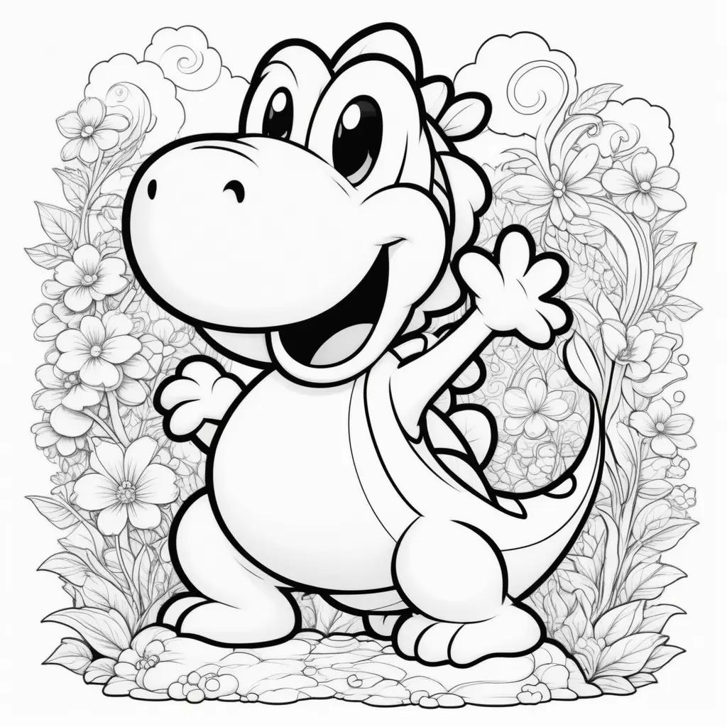 black and white coloring page of Yoshi the dinosaur