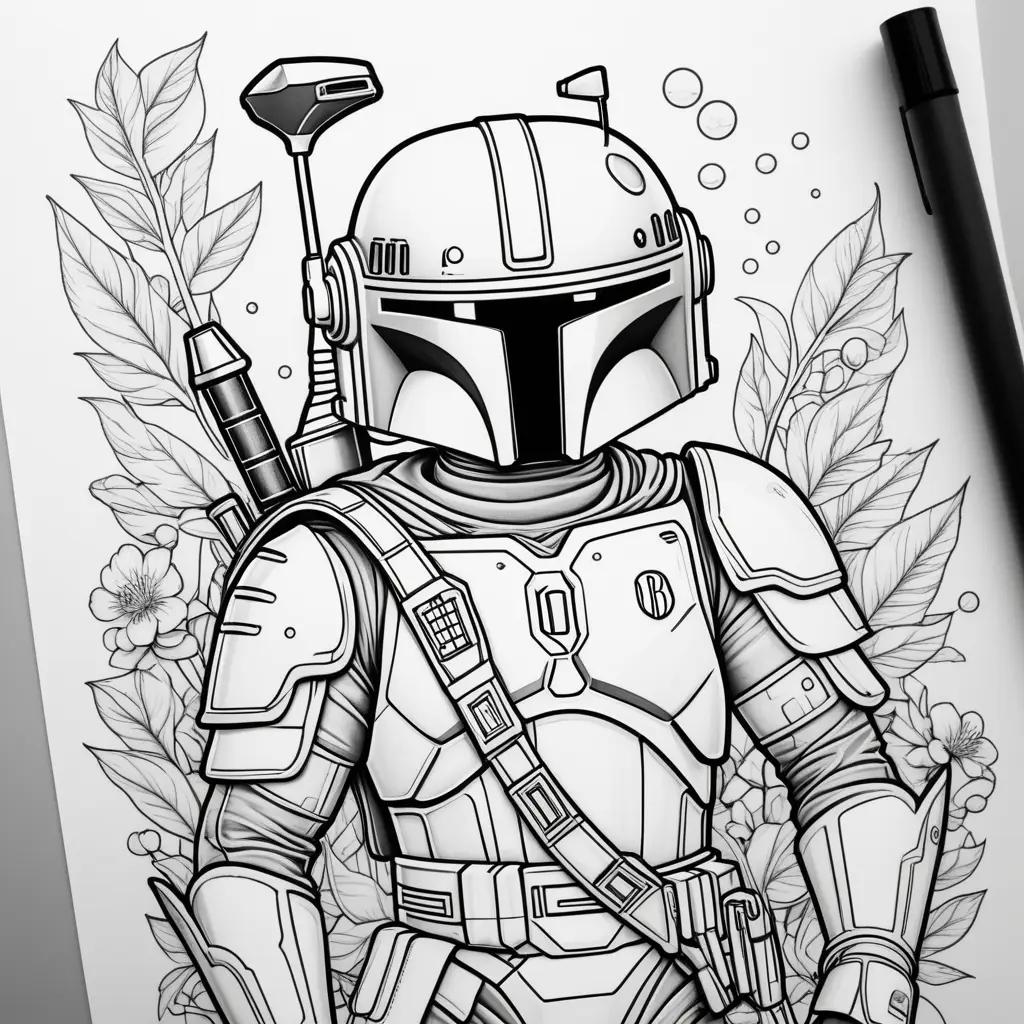 black and white coloring page of a Boba Fett helmet