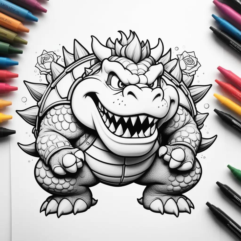 black and white coloring page of a Bowser with spikes