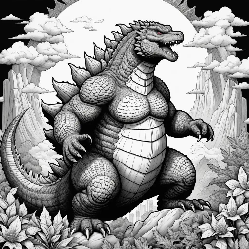 black and white coloring page of a Godzilla