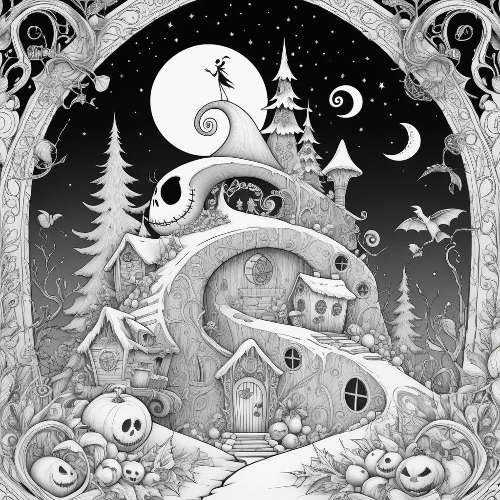 black and white coloring page of a Jack Skellington house