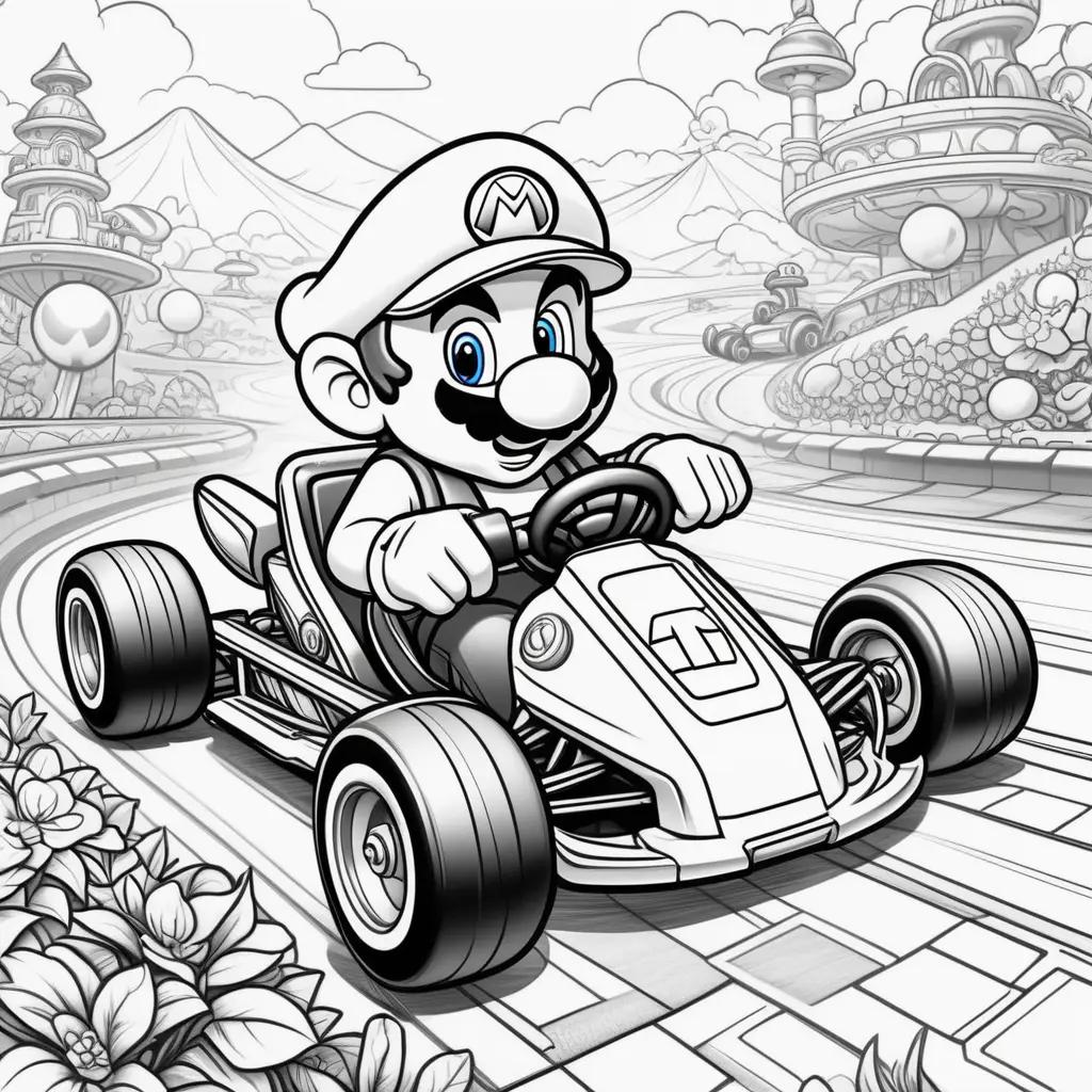 black and white coloring page of a Mario Kart character