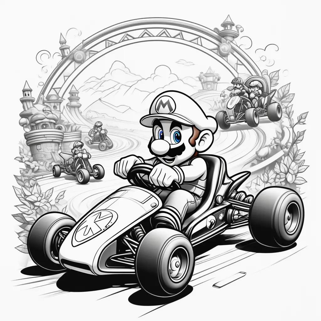 black and white coloring page of a Mario Kart racer