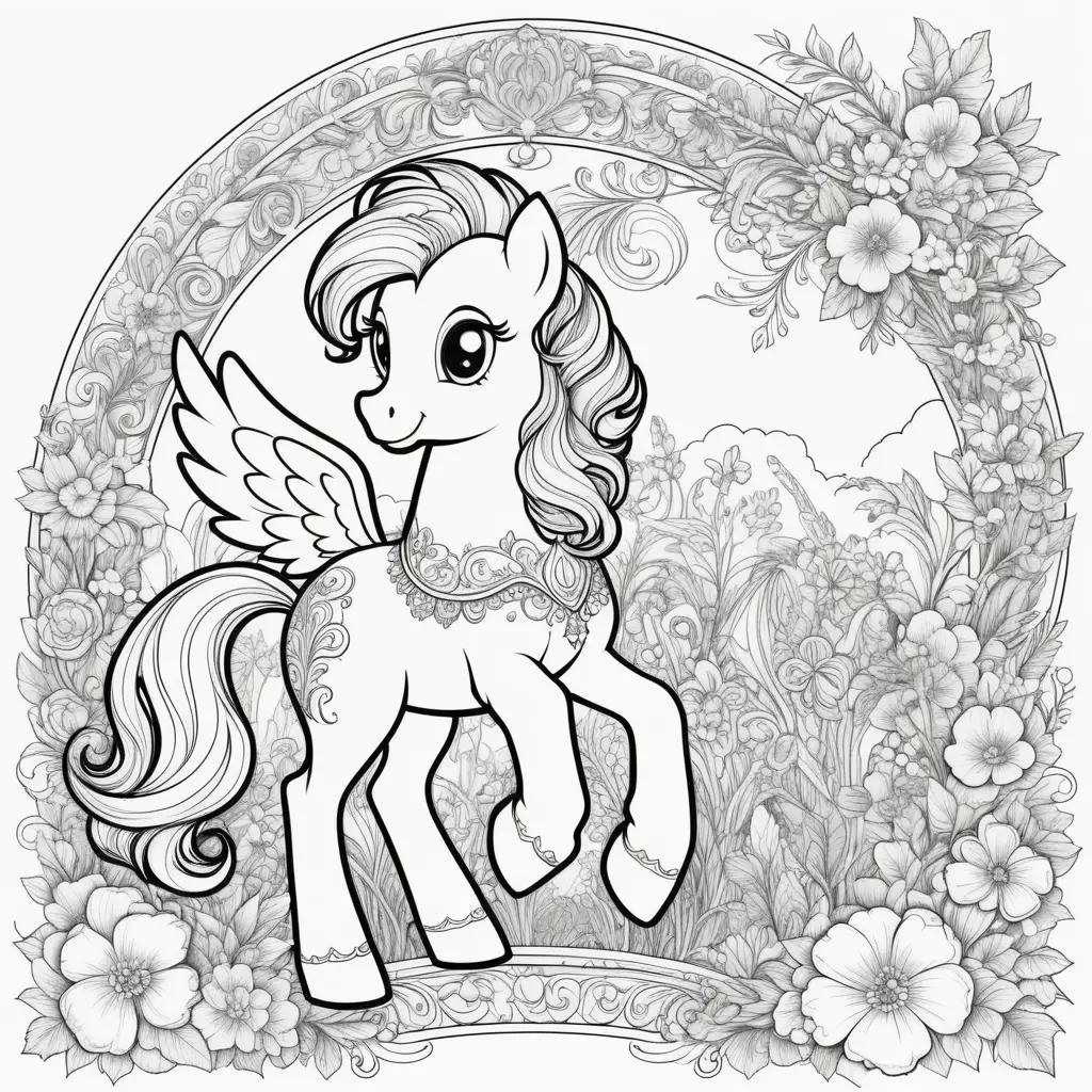 black and white coloring page of a My Little Pony with wings and flowers