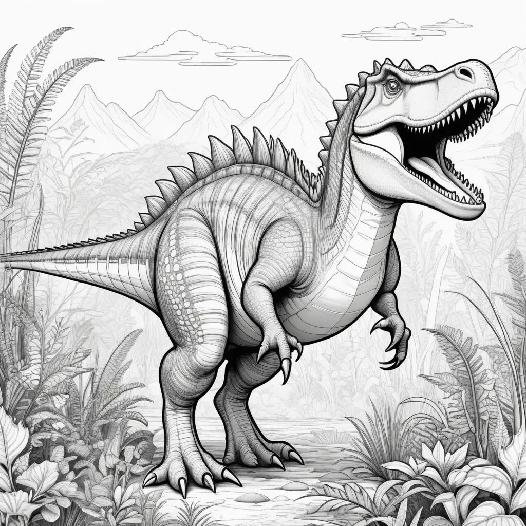 black and white coloring page of a Spinosaurus dinosaur