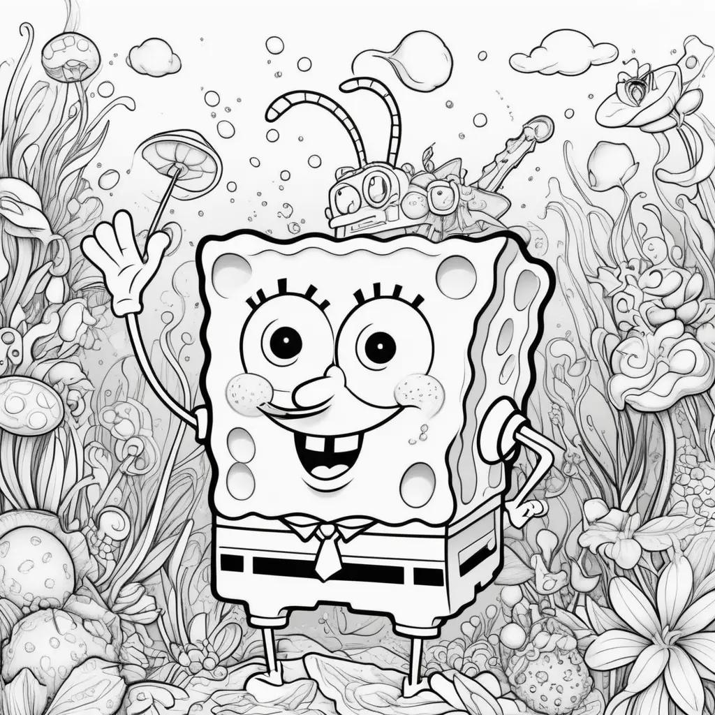 black and white coloring page of a Spongebob Squarepants